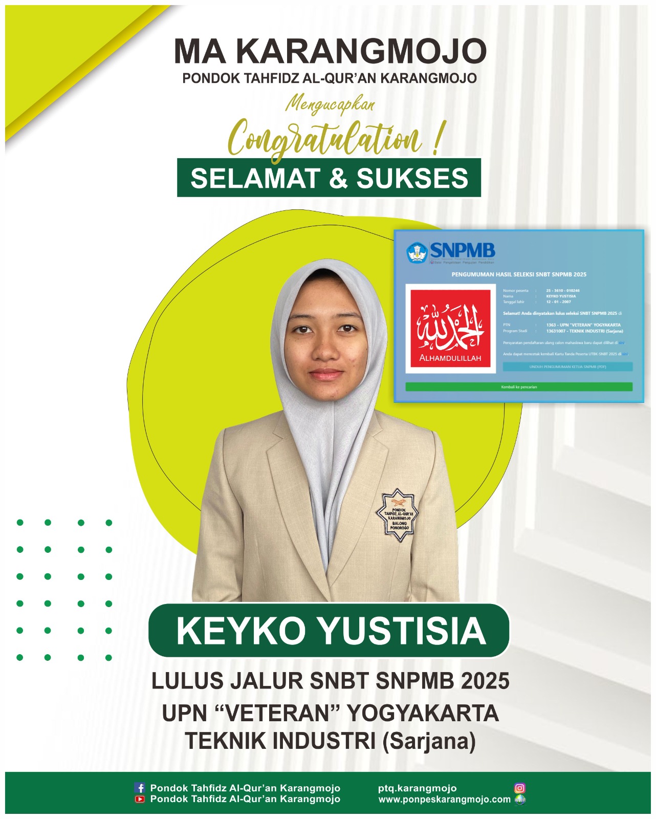Keyko YUSTISIA diterima di UPN Veteran Yogyakarta melalui SNBT 2025