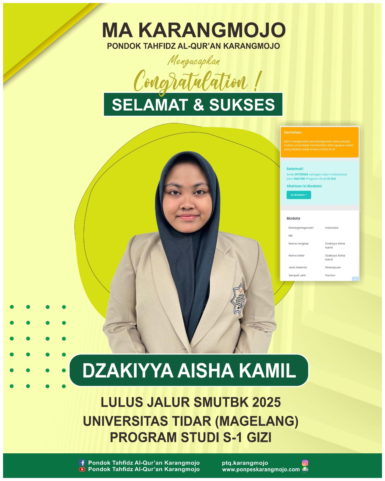 DZAKIYYA AISHA KAMIL diterima di Universitas Tidar (Magelang) melalui Mandiri 2025